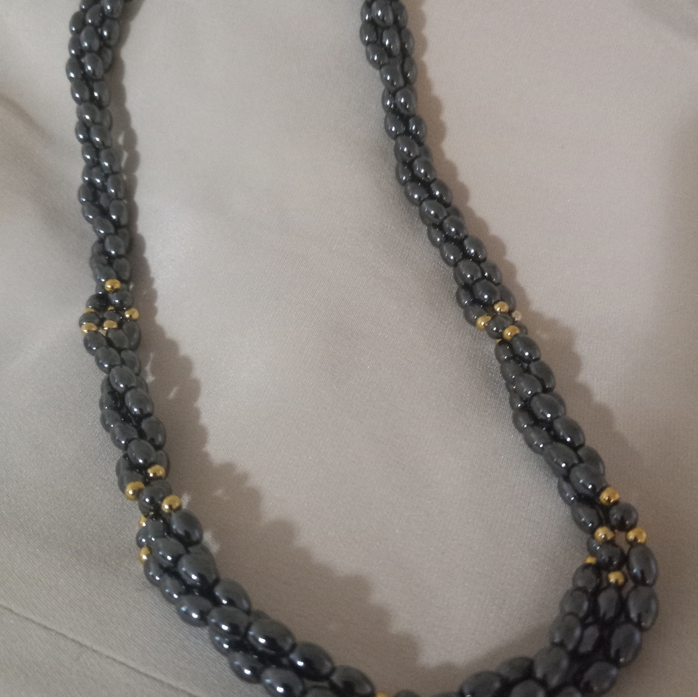 Triple strand connected necklace, Hematite and gold beads 18"